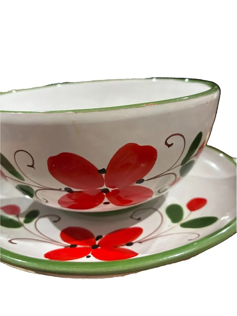 Vintage Italian Hand-Painted Ceramic Soup cup &Saucer set red/green